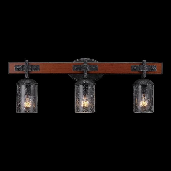 GLOBE Electric 51854 Kingston 3-Light Vanity Light, Dark Faux Wood, Galvanized Metal Accents, Clear Seeded Glass Shade, Bulb Not Included
