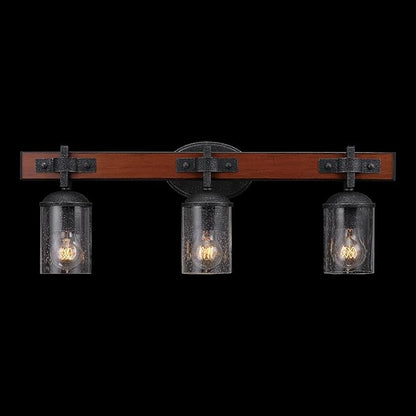 GLOBE Electric 51854 Kingston 3-Light Vanity Light, Dark Faux Wood, Galvanized Metal Accents, Clear Seeded Glass Shade, Bulb Not Included