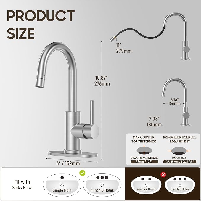High Arc Pull Out Sprayer Bathroom Faucet,Brushed Nickel Single Handle Pull Down Faucet with Pop-Up Drain,1 or 3 Hole 2 Model RV Bar Laundry Utility Sink Faucet with Deck Plate, WE08CL-ZY-BN