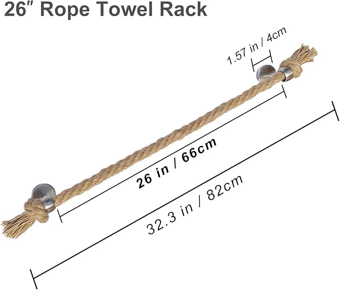 Nautical Rope Towel Holder - Coastal Towel Rack with Knot Bathroom Decor Wall Mount Towel Bar Bathroom Accessories, Rustic Silver Stainless Steel 26''