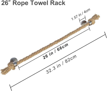 Nautical Rope Towel Holder - Coastal Towel Rack with Knot Bathroom Decor Wall Mount Towel Bar Bathroom Accessories, Rustic Silver Stainless Steel 26''
