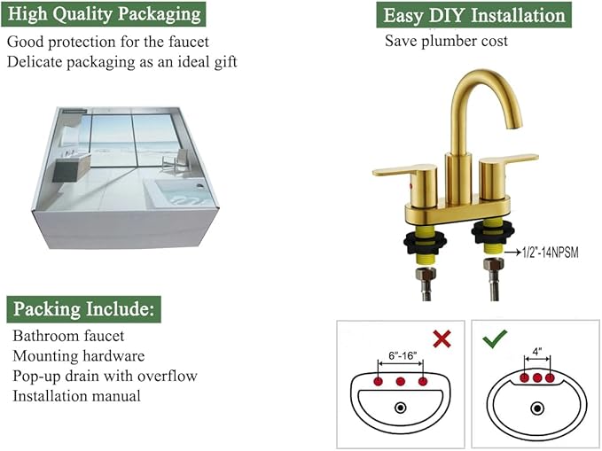 Brushed Gold 2 Handle Centerset Bathroom Sink Faucet with Drain Assembly, High Arc Modern 4 Inch Bathroom Vanity Lavatory Faucet 3 Holes with Brass 360° Swivel Spout, TAF067E-PB