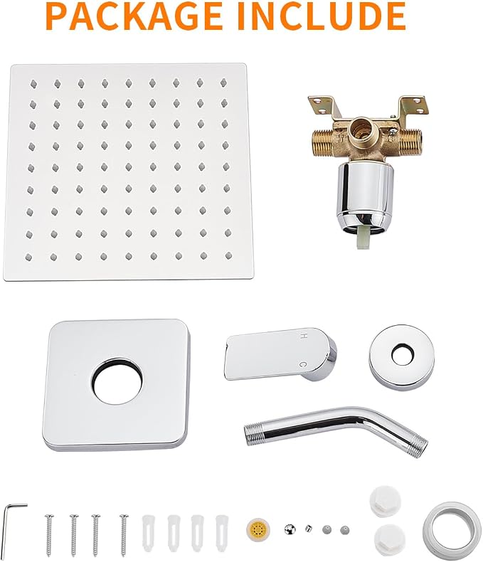 Shower Faucet Single Function Trim Kit with Rough-in Valve Set Bath Rainfall Shower System 8inch Square Stainless Steel Metal Shower Head Polished Chrome