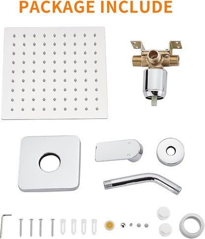 Shower Faucet Single Function Trim Kit with Rough-in Valve Set Bath Rainfall Shower System 8inch Square Stainless Steel Metal Shower Head Polished Chrome