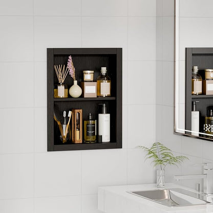 14'' * 18'' Recessed Medicine Cabinet Wall Niche Wood, 2-Tier Bathroom Niche Insert for Drywall, in Wall Shelf Medicine Cabinets Replacement, for Living Room, Bathroom Storage, Black