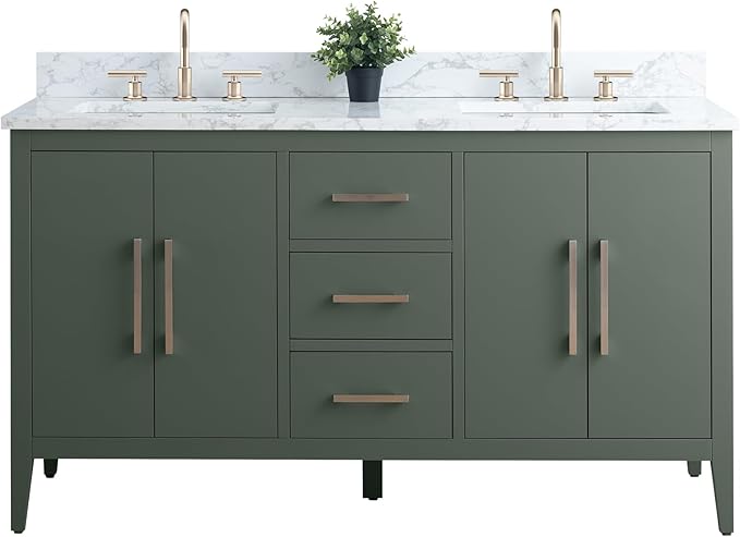 Vanity Art 60 inch Bathroom Vanity with Double Sink & Ceramic Top, Vanity Cabinet with Soft-Closing Doors, Drawers, Solid Wood Frame, Vintage Green, VA9060-DVG-BN1
