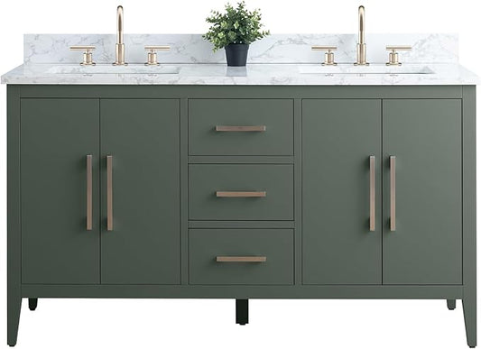 Vanity Art 60 inch Bathroom Vanity with Double Sink & Ceramic Top, Vanity Cabinet with Soft-Closing Doors, Drawers, Solid Wood Frame, Vintage Green, VA9060-DVG-BN1