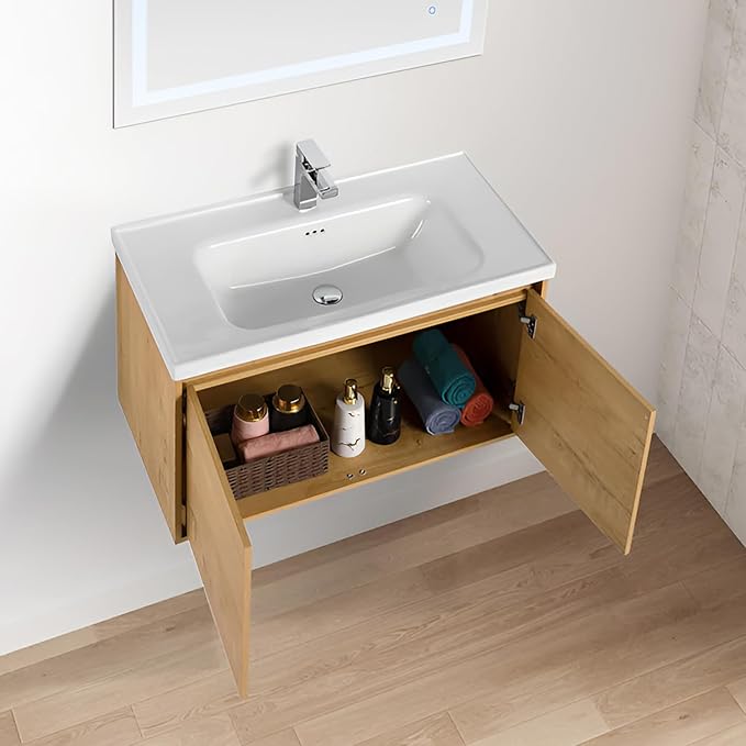 Blossom 36 Inch Wall Mounted Bathroom Vanity with Sink | Floating Wood Vanity Cabinet | Modern Soft-Close Doors & Storage | Ceramic Basin | Space-Saving Design (Classic Oak, 36'' Ceramic Sink)