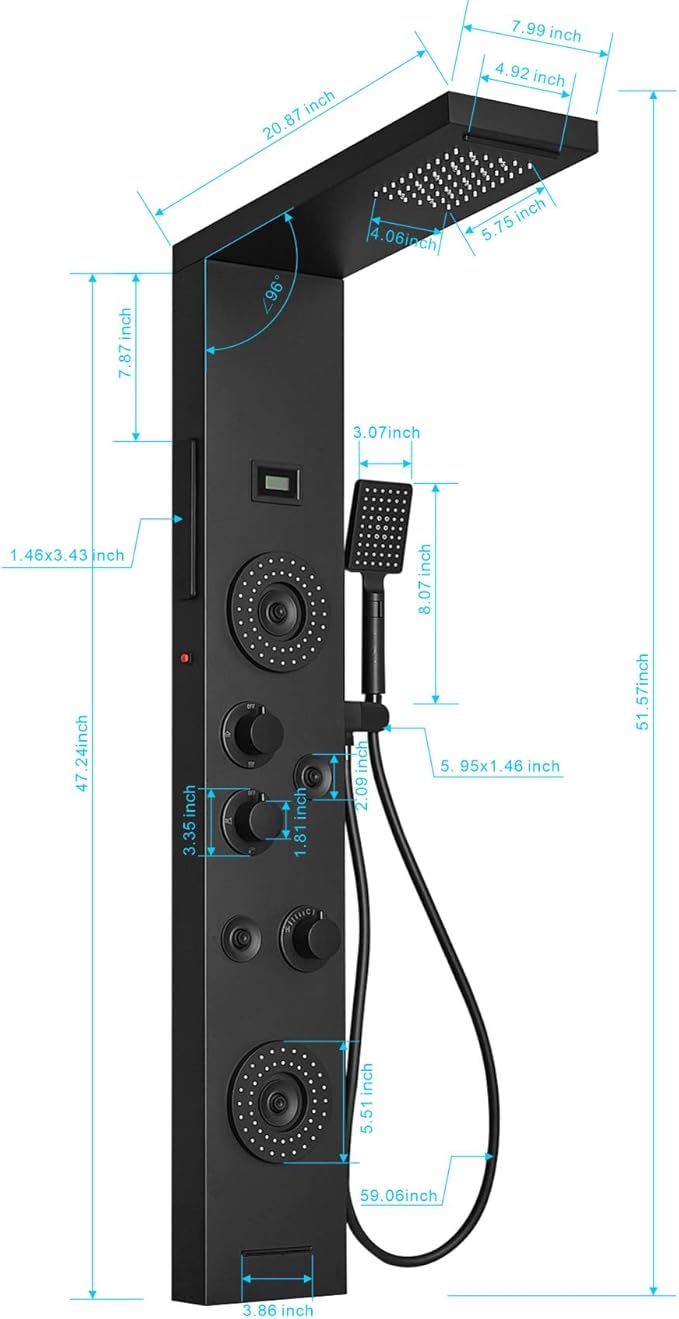 BWE Shower Panel with LED Rainfall Waterfall Shower 6-Function Faucet 4 Mist Jets 2 Body Sprays with Handheld and Waterfall Tub Spout Shower Tower System Matte Black