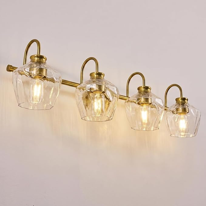 Brushed Gold Vanity Light, 4 Light Bathroom Light Fixtures with Clear Diamond-Shape Hammered Glass, Brass Vintage Ripple Wall Lights for Hallway, Bedroom, Anti-Rust, E26 Base (No Bulbs)