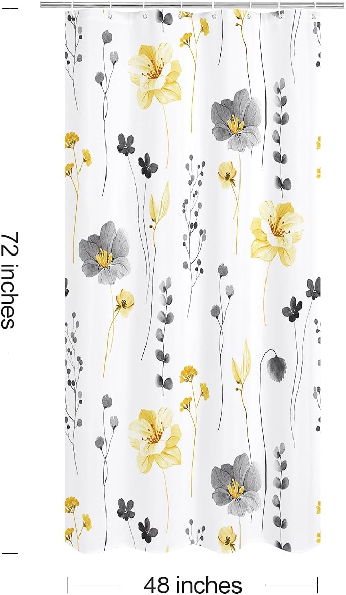 Yellow Beige Watercolor Floral Fabric Shower Curtain, 48x72 | Waterproof Fabric, Modern Minimalist Floral Print, Machine Washable, Rustproof Grommets, for Bathroom Home, Stall