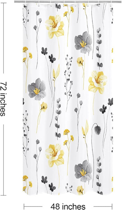 Yellow Beige Watercolor Floral Fabric Shower Curtain, 48x72 | Waterproof Fabric, Modern Minimalist Floral Print, Machine Washable, Rustproof Grommets, for Bathroom Home, Stall
