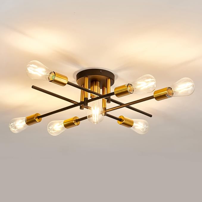 UOFUS 7-Light Semi Flush Mount Ceiling Light Fixture Matte with E26 Base Modern Black and Gold Chandelier Mid Century Modern Ceiling Lamp for Farmhouse Kitchen Dining Room Bedroom Living Room Bathroom