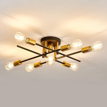 UOFUS 7-Light Semi Flush Mount Ceiling Light Fixture Matte with E26 Base Modern Black and Gold Chandelier Mid Century Modern Ceiling Lamp for Farmhouse Kitchen Dining Room Bedroom Living Room Bathroom