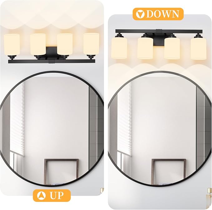 Bathroom Light Fixtures, Vanity Light Over Mirror Black 4-Light Fixture | Modern bathroom vanity light fixture with metal frame, ideal for mirrors, bedrooms and hallways. Fits E26 bulbs.