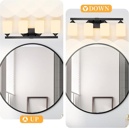 Bathroom Light Fixtures, Vanity Light Over Mirror Black 4-Light Fixture | Modern bathroom vanity light fixture with metal frame, ideal for mirrors, bedrooms and hallways. Fits E26 bulbs.