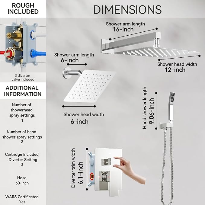 Shower System Shower Faucet Set, STARBATH 12"+6" Wall Mount Rain Shower Head and Handheld Spray for Two Person, Rainfall Shower System with Diverter Valve and Trim Kit Complete,Chrome