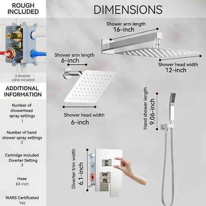 Shower System Shower Faucet Set, STARBATH 12"+6" Wall Mount Rain Shower Head and Handheld Spray for Two Person, Rainfall Shower System with Diverter Valve and Trim Kit Complete,Chrome