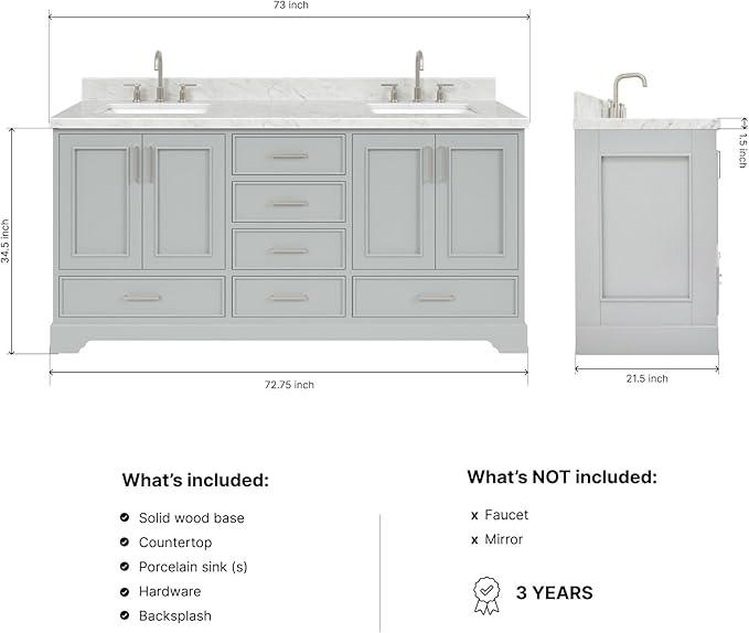 ARIEL Stafford 72-inch Bathroom Vanity with Sink,Solid Wood, 1.5-inch Italian Carrara Marble Countertop, Double Rectangular Porcelain Sink, 4 Soft Closing Doors, 6 Dovetail Drawers, Grey
