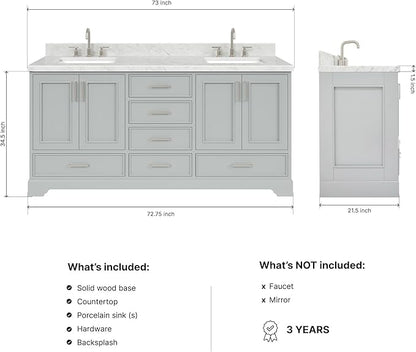 ARIEL Stafford 72-inch Bathroom Vanity with Sink,Solid Wood, 1.5-inch Italian Carrara Marble Countertop, Double Rectangular Porcelain Sink, 4 Soft Closing Doors, 6 Dovetail Drawers, Grey