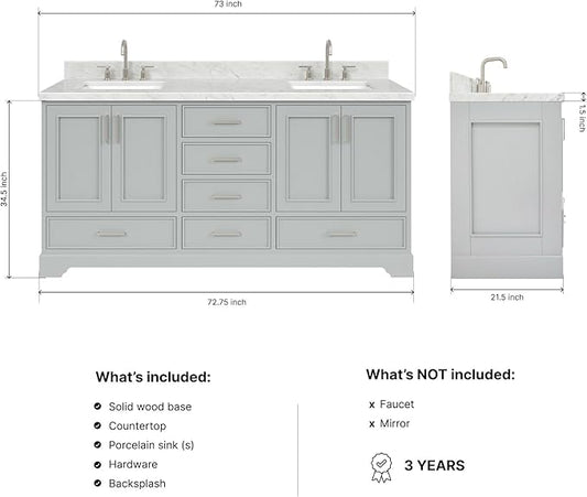 ARIEL Stafford 72-inch Bathroom Vanity with Sink,Solid Wood, 1.5-inch Italian Carrara Marble Countertop, Double Rectangular Porcelain Sink, 4 Soft Closing Doors, 6 Dovetail Drawers, Grey