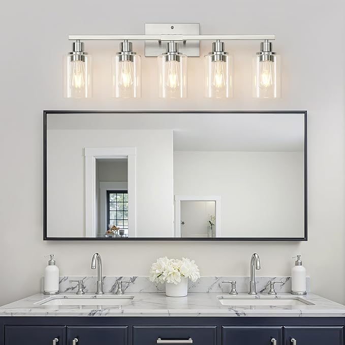 5-Light Bathroom Light Fixtures, Vanity Light with Clear Glass Shades, Brushed Nickel Bathroom Light Fixtures Over Mirror, Modern Bathroom Wall Lamp for Mirror Living Room Cabinet Bedroom