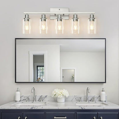 5-Light Bathroom Light Fixtures, Vanity Light with Clear Glass Shades, Brushed Nickel Bathroom Light Fixtures Over Mirror, Modern Bathroom Wall Lamp for Mirror Living Room Cabinet Bedroom
