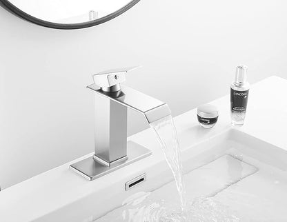 Bathroom Faucet Brushed Nickel Waterfall with Pop Up Drain Overflow Stopper Single Hole Vanity Sink Bath Lavatory One Handle Basin Mixer Tap with Supply Line Commercial Deck Mount
