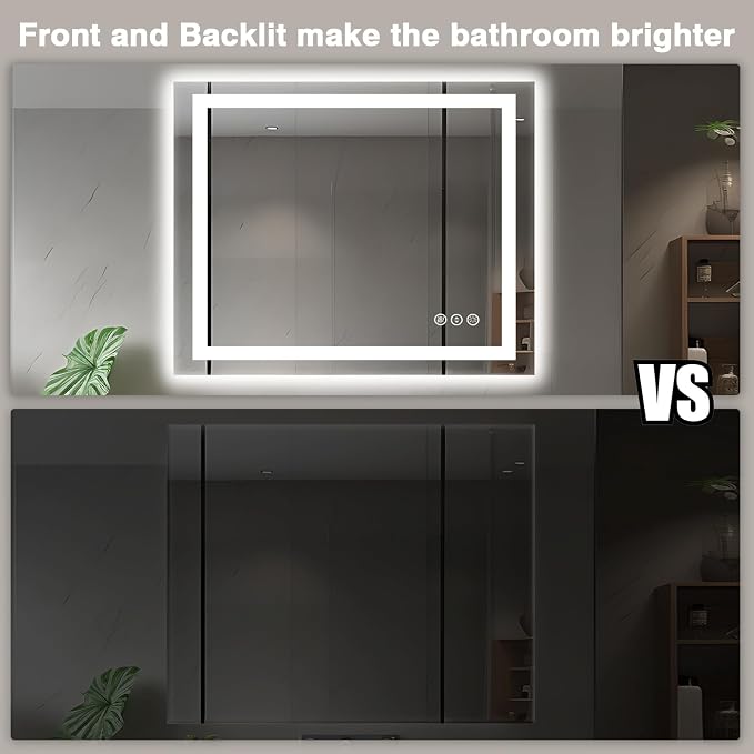 EchosLife 40"x36" LED Bathroom Vanity Mirrors | Backlit + Front Lit, Anti-Fog, Stepless Dimmable, 3 Colors, Memory, Tempered Glass, UL Listed, Horizontal/Vertical