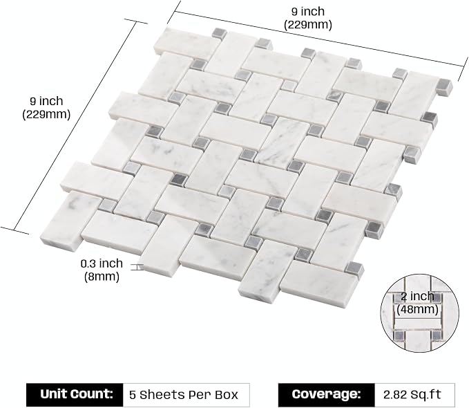 1×2 Inch Basketweave Carrara Marble Mosaic Tile for Kitchen Bathroom Floor | Water & Heat Resistant Polished Marble Backsplash Tiles for Wall Fireplace Surround Durable Unique Veins 2.8SQFT