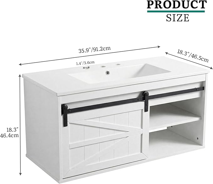 DWVO 36" LED Bathroom Vanity with Sink, Farmhouse Sliding Barn Door Bathroom Cabinet, Bathroom Vanities, Wall Mounted Floating Cabinet