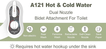 APURE BIDET A121 - Hot and Cold Water Bidet Attachment for Toilet Seat - Dual nozzle - Rear and Feminine Wash- Selfcleaning- Adjustable Water Pressure Non-Electric Bidet Toilet Seat Attachment