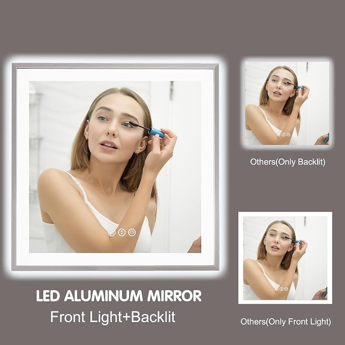 36x36 Inch LED Bathroom Mirror with Silver Frame | Silver Metal Frame, Front and Backlit, 3 Colors, Dimmable, Memory, Anti Fog, Tempered Glass, Lighted Mirror for Wall