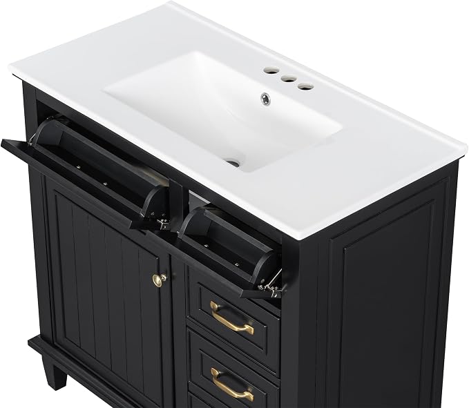 36" Bathroom Vanity with Ceramic Sink Top, Soft-Close Door & Flip Drawers, Freestanding Storage Cabinet W/Adjustable Shelf, Solid Wood Frame for Bathrooms, Powder Room, Guest Bath,Black