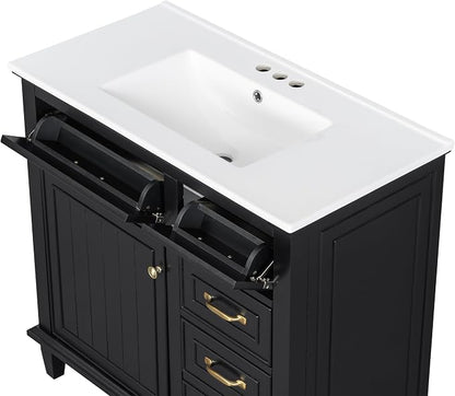 36" Bathroom Vanity with Ceramic Sink Top, Soft-Close Door & Flip Drawers, Freestanding Storage Cabinet W/Adjustable Shelf, Solid Wood Frame for Bathrooms, Powder Room, Guest Bath,Black