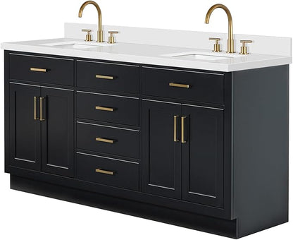 ARIEL Hepburn 72-inch Bathroom Vanity with Sink,Solid Wood, 1.5-inch Pure White Quartz Countertop & Backsplash, Double Rectangular Porcelain Sink, 4 Soft Closing Doors, 6 Dovetail Drawers, Black