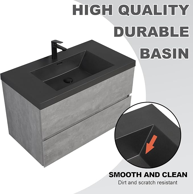 Wall Mounted 36 Inch Bathroom Vanity with Sink, Floating Vanity Bathroom, Single Sink Bathroom Vanity, 2 Drawers, Resin Integrated Sink (Dark Birch)