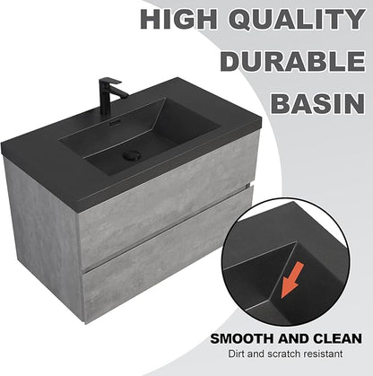 Wall Mounted 36 Inch Bathroom Vanity with Sink, Floating Vanity Bathroom, Single Sink Bathroom Vanity, 2 Drawers, Resin Integrated Sink (Dark Birch)