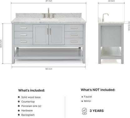 Olivia 60-Inch Grey Bathroom Vanity with Sink, 1.5" Edge Italian Carrara Marble Countertop & Backsplash, Rectangular Undermount Sink, 2 Soft Closing Doors, 6 Dovetail Drawers, Brushed Nickel