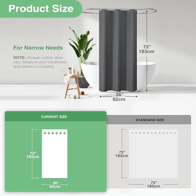 Stall Waffle Shower Curtain 256 GSM Heavy 36"x72" Charcoal Grey | Narrow Half Size, Thick Cloth, Weighted Hem, Water Repellent, Hotel Luxury Polyester Shower Curtain Set for Bathroom 6 Hooks