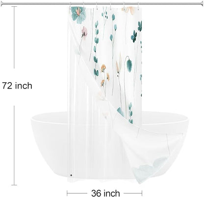 Small Stall 3 in 1 Shower Curtain Set, Watercolor Floral Bath Curtain and PEVA Liner Set with 12 Double Sided Steel Hooks, Waterproof Fabric Bathroom Curtain 36x72, Teal