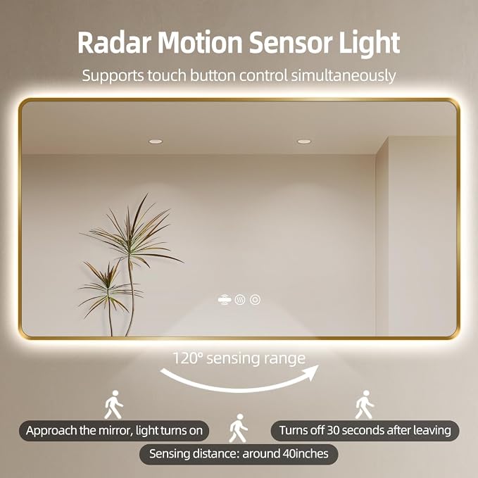 42" x 36" Gold LED Bathroom Mirror with Lights - Motion Sensor | Smart Backlit Mirror Bathroom, Anti-Fog, 3-Color Stepless Dimmable, Memory Function, Metal Framed Rounded-Corner Rectangle