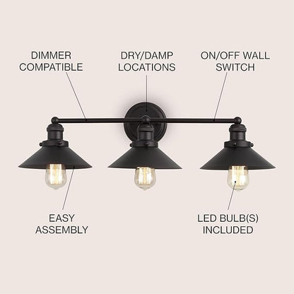 JONATHAN Y 26.5" Oil Rubbed Bronze 3-Light Industrial Farmhouse Metal Vanity Light Wall Sconce, Metal Shade for Bathroom Mirror, Kitchen, Entryway, LED Bulb Included (JYL7428A)
