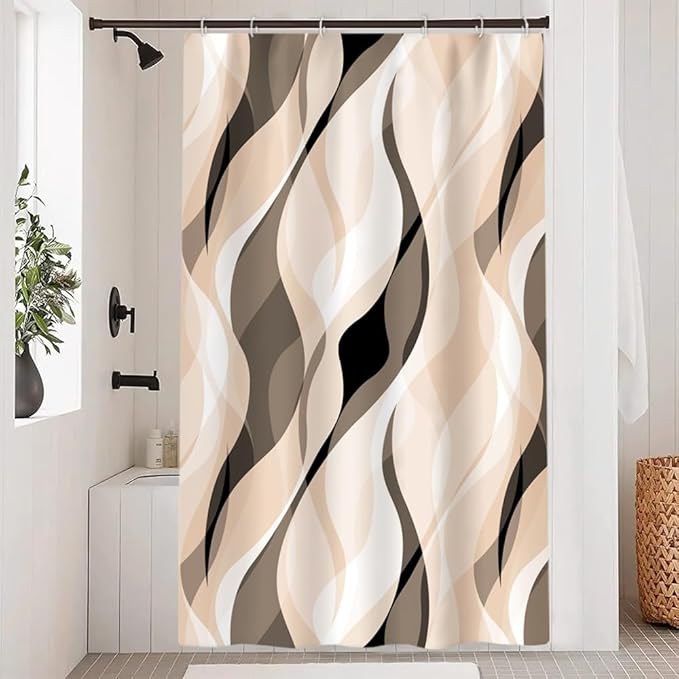 Cream Shower Curtain, Modern Abstract Cream and Grey Striped Shower Curtain Set for Bathroom Waterproof Polyester Shower Curtain with Hooks, 48x72 Inch