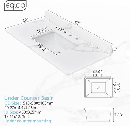42 in. W x 22 in D Quartz Vanity Top in Calacatta Rocky, Vanity Sink Top with Assembled Single Drop-in Sink, Pre-Drilled Widespread Faucet Holes Countertop with 4" H Backsplash