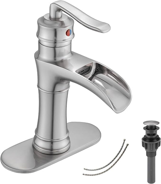 Waterfall Bathroom Faucet Brushed Nickel GGStudy Single Handle One Hole Farmhouse Bathroom Vanity Faucet Basin Mixter Tap Deck Mount with Drain Assembly