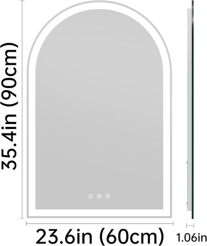 24"x36" Arched LED Lighted Bathroom Mirror with Lights | Fogless, Dimmable, Shatterproof, Touch Sensor, 3 Color Changing