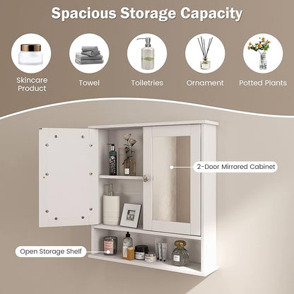 COSTWAY Bathroom Cabinet Wall Mount, Wooden Medicine Cabinet with 2 Mirror Doors, Adjustable Shelf, Open Compartment, for Laundry, Living Room, Kitchen, White