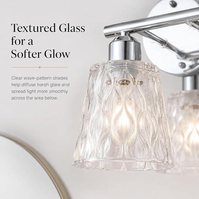 Chrome 2 Light Bathroom Vanity Lights with Textured Glass Shades, E26 Sockets, Bathroom Light Fixtures Over Mirror, Modern Lighting Fixtures Wall Lamp Vanity Lights