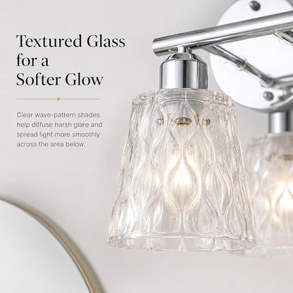 Chrome 2 Light Bathroom Vanity Lights with Textured Glass Shades, E26 Sockets, Bathroom Light Fixtures Over Mirror, Modern Lighting Fixtures Wall Lamp Vanity Lights